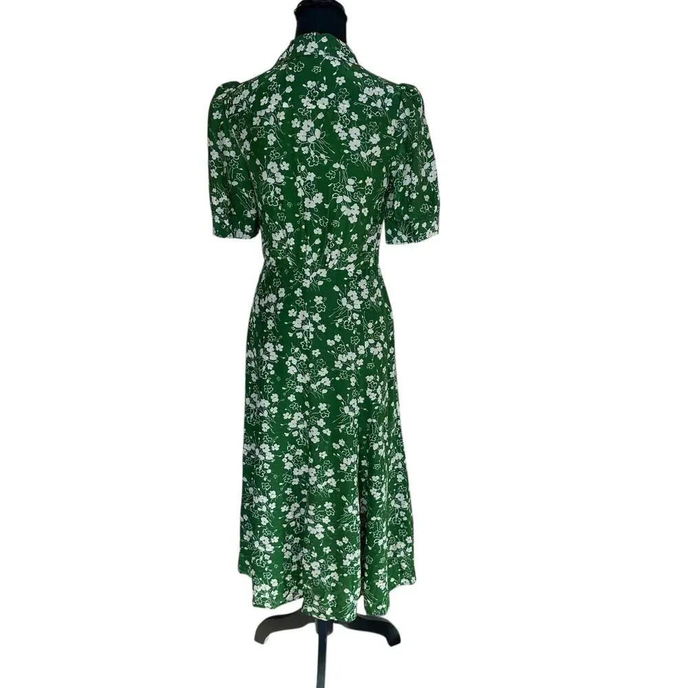 L.K. Bennett Green Floral Midi Shirt Dress SIZE 6 Silk Retro Work Designer $675 - Picture 11 of 13